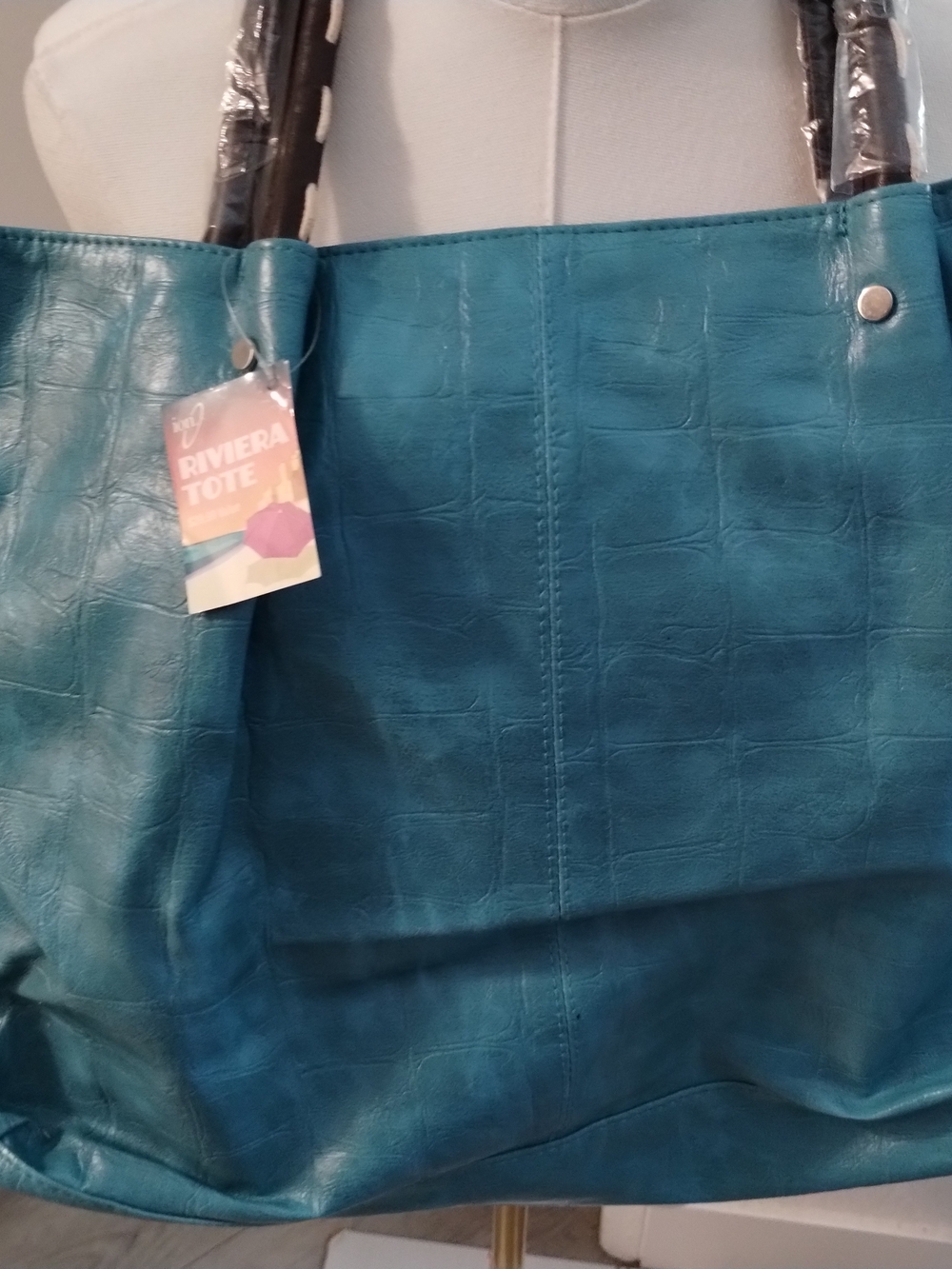 Riviera Teal Faux Leather Tote with Croc Texture
